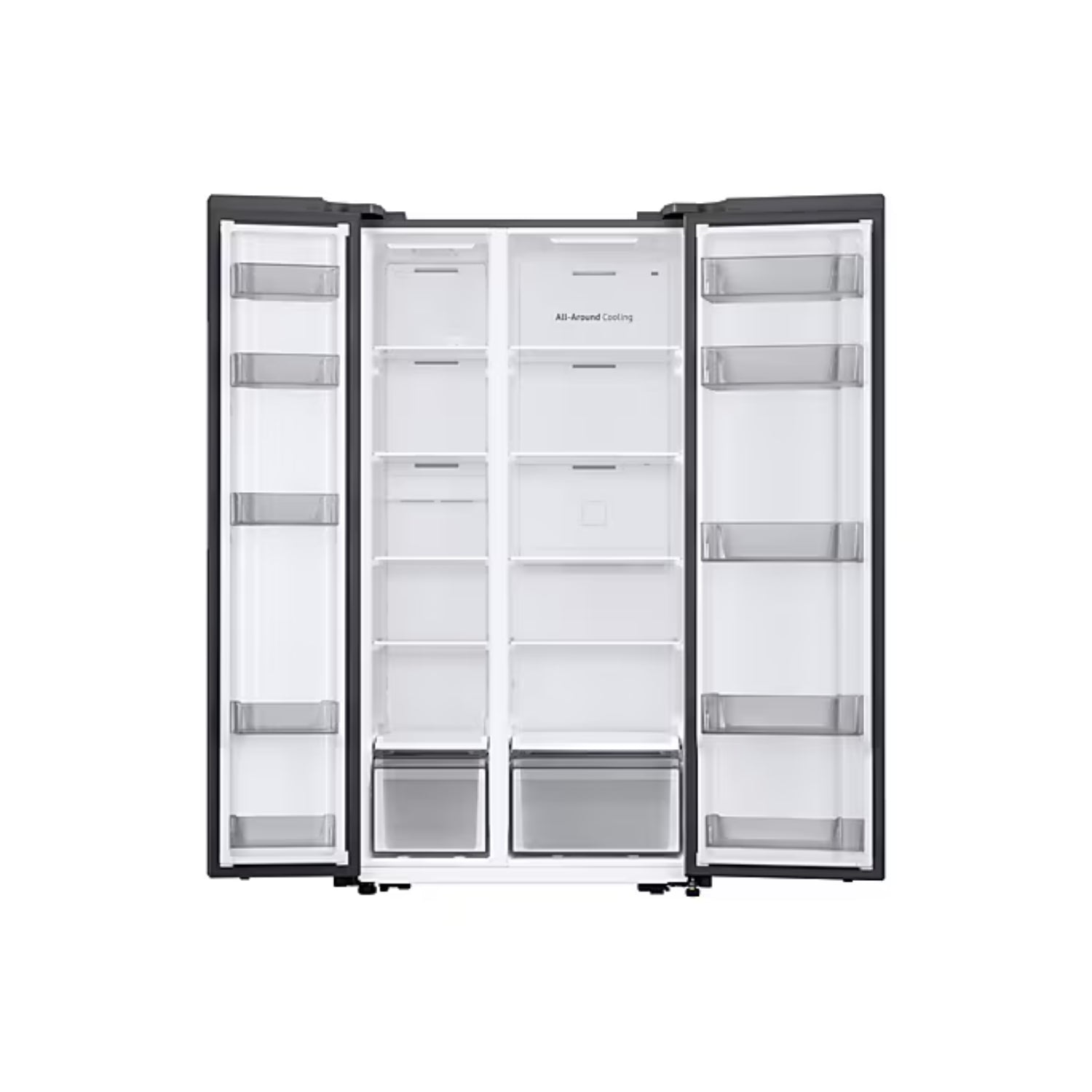 Refrigerador side by side 20 pies de Samsung con puertas abiertas y compartimentos espaciosos