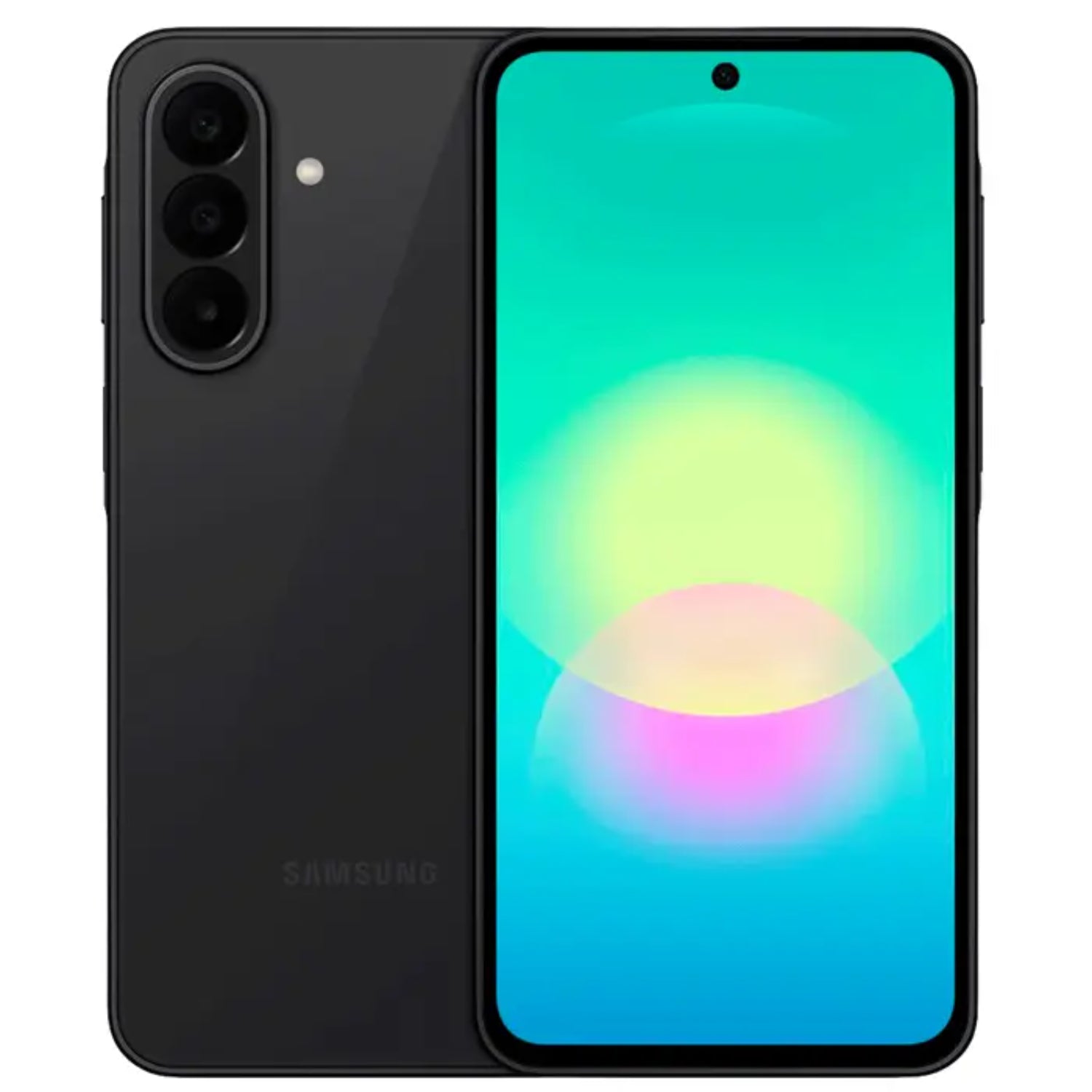 Teléfono Samsung negro, vista frontal, pantalla brillante