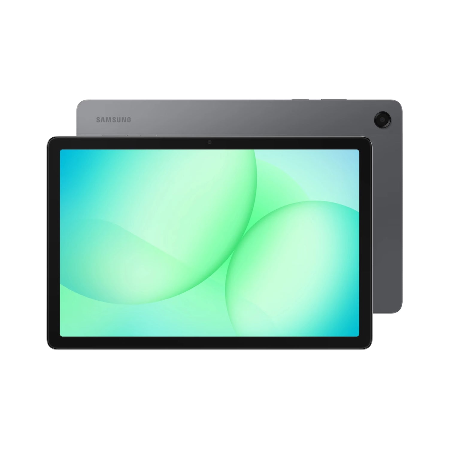 Tablet Samsung gris vista frontal y trasera con pantalla color verde