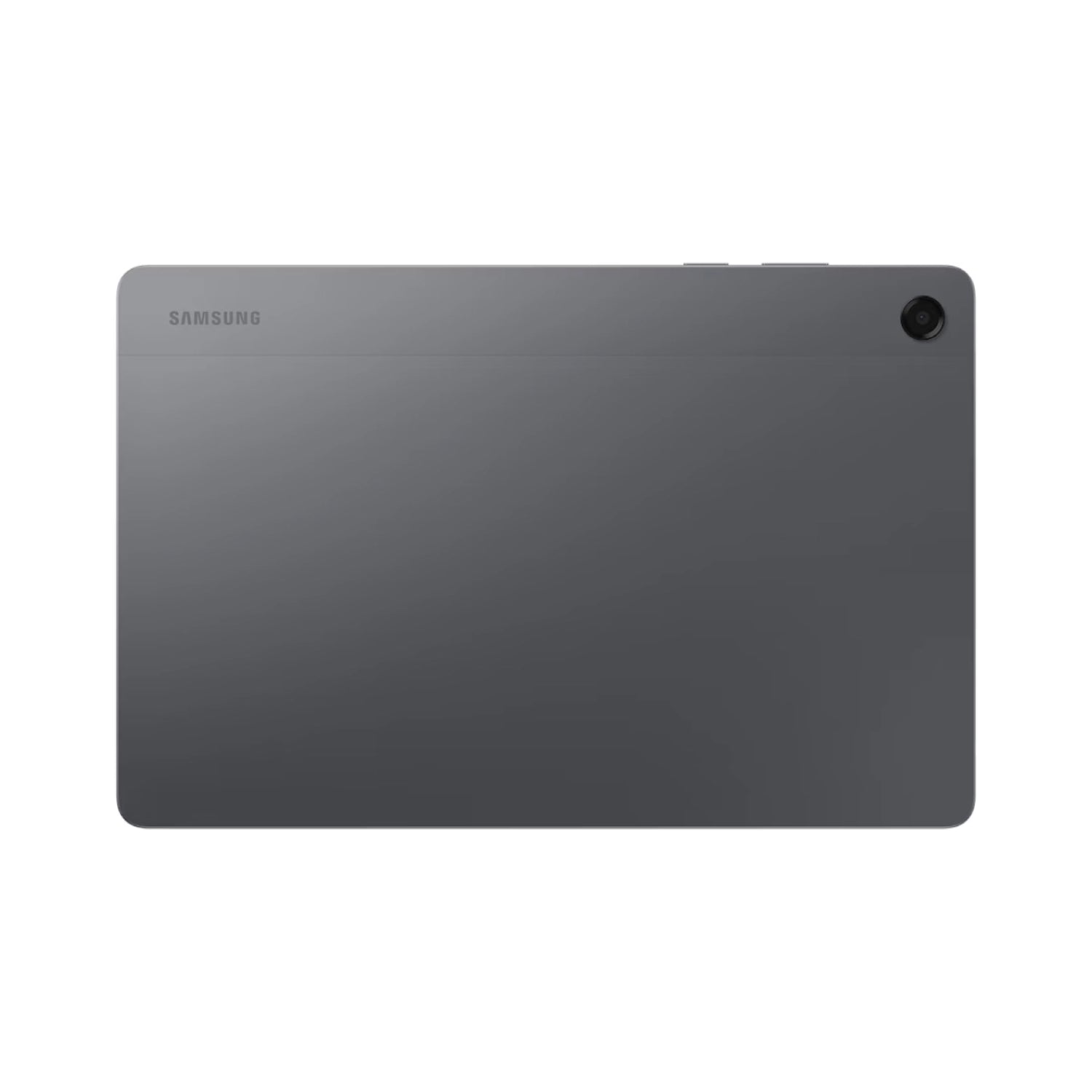 Tablet Samsung gris vista trasera, ideal para entretenimiento y trabajo