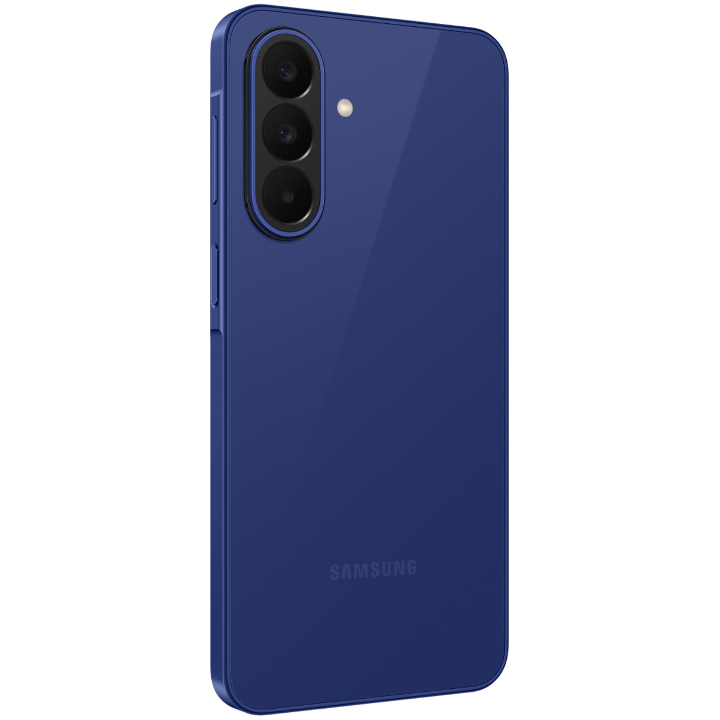 Smartphone Samsung azul, vista trasera con tres cámaras y diseño elegante