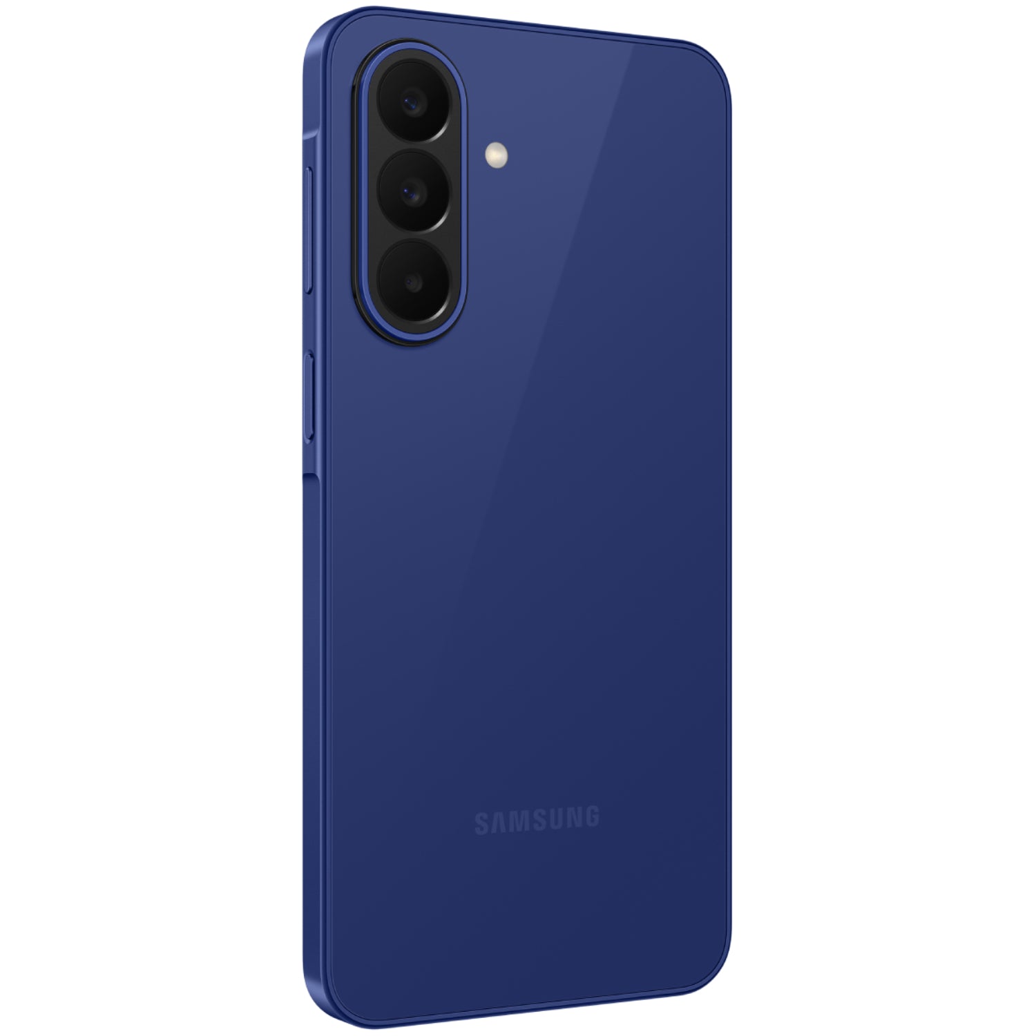 Smartphone Samsung azul, vista trasera con tres cámaras y diseño elegante