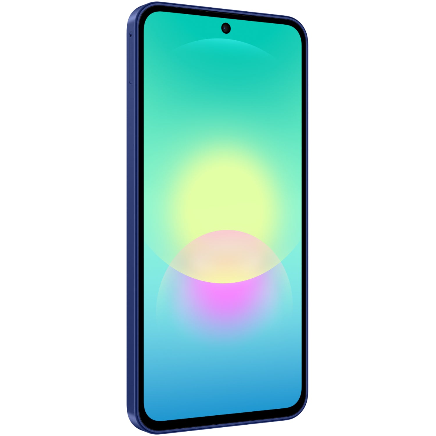 Samsung teléfono azul lateral, pantalla brillante y moderna
