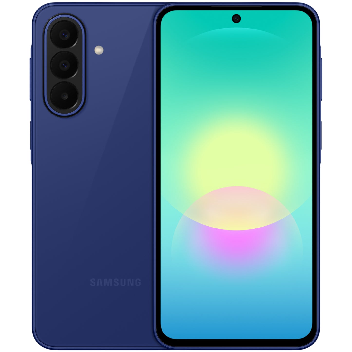 Samsung teléfono azul frontal y trasera, vista en ángulo