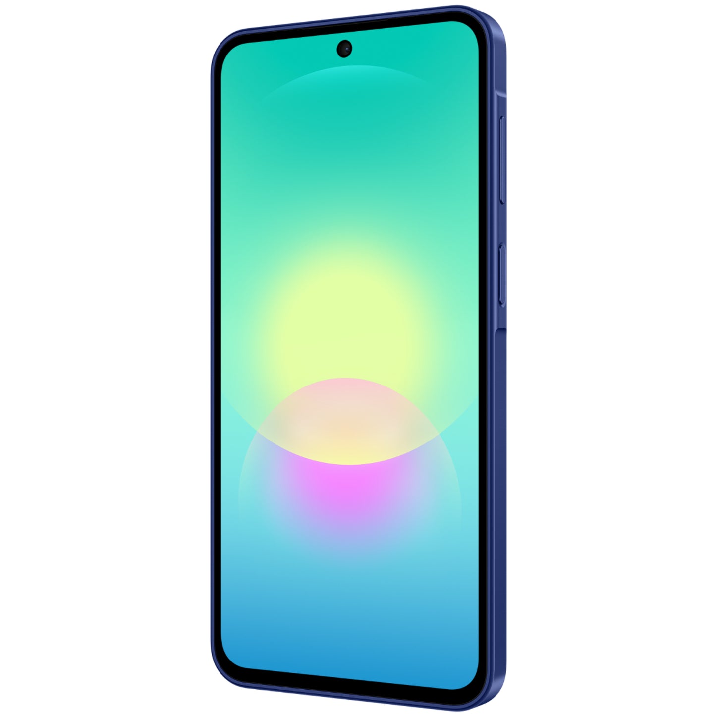 Teléfono Samsung color azul, vista lateral mostrando pantalla vibrante