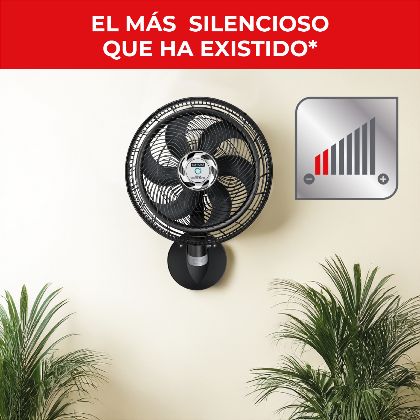 Ventilador de pared silencioso SAMURAI negro montado en pared con cinco aspas y control de velocidad