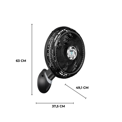 Ventilador de pared silencioso SAMURAI modelo LL0104 color negro con dimensiones destacadas