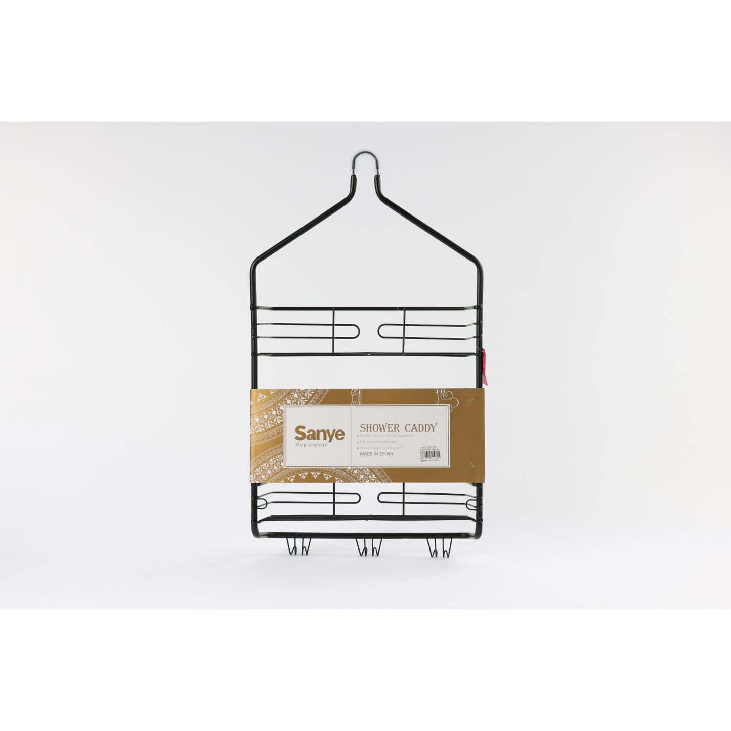 toallero negro de ducha, vista frontal, ideal para organizar productos de baño