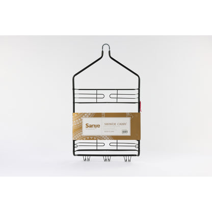 toallero negro de ducha, vista frontal, ideal para organizar productos de baño
