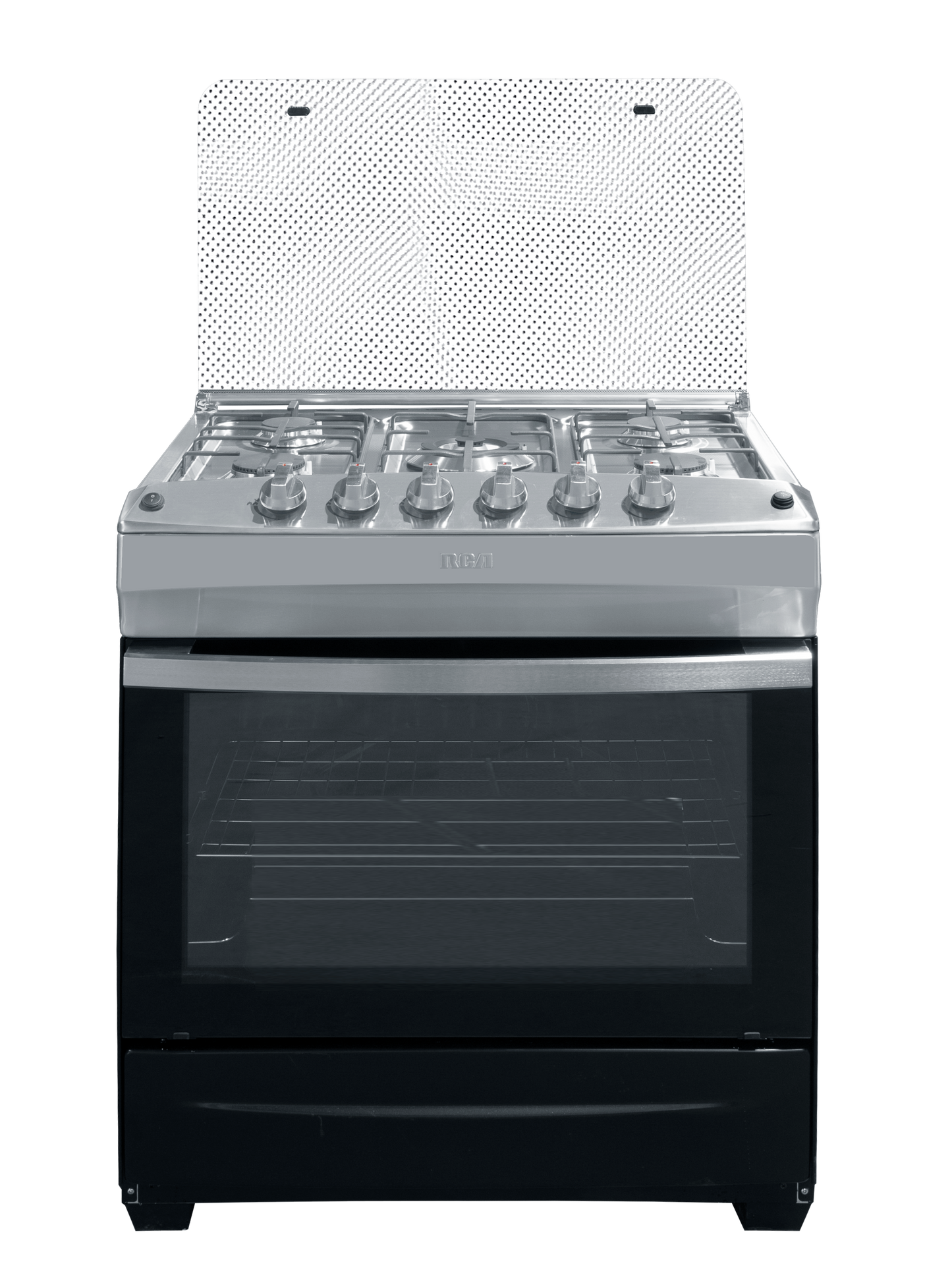 estufa RCA negra frontal, cocina, sartenes acero inoxidable