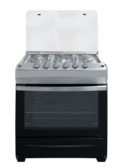 estufa RCA negra frontal, cocina, sartenes acero inoxidable