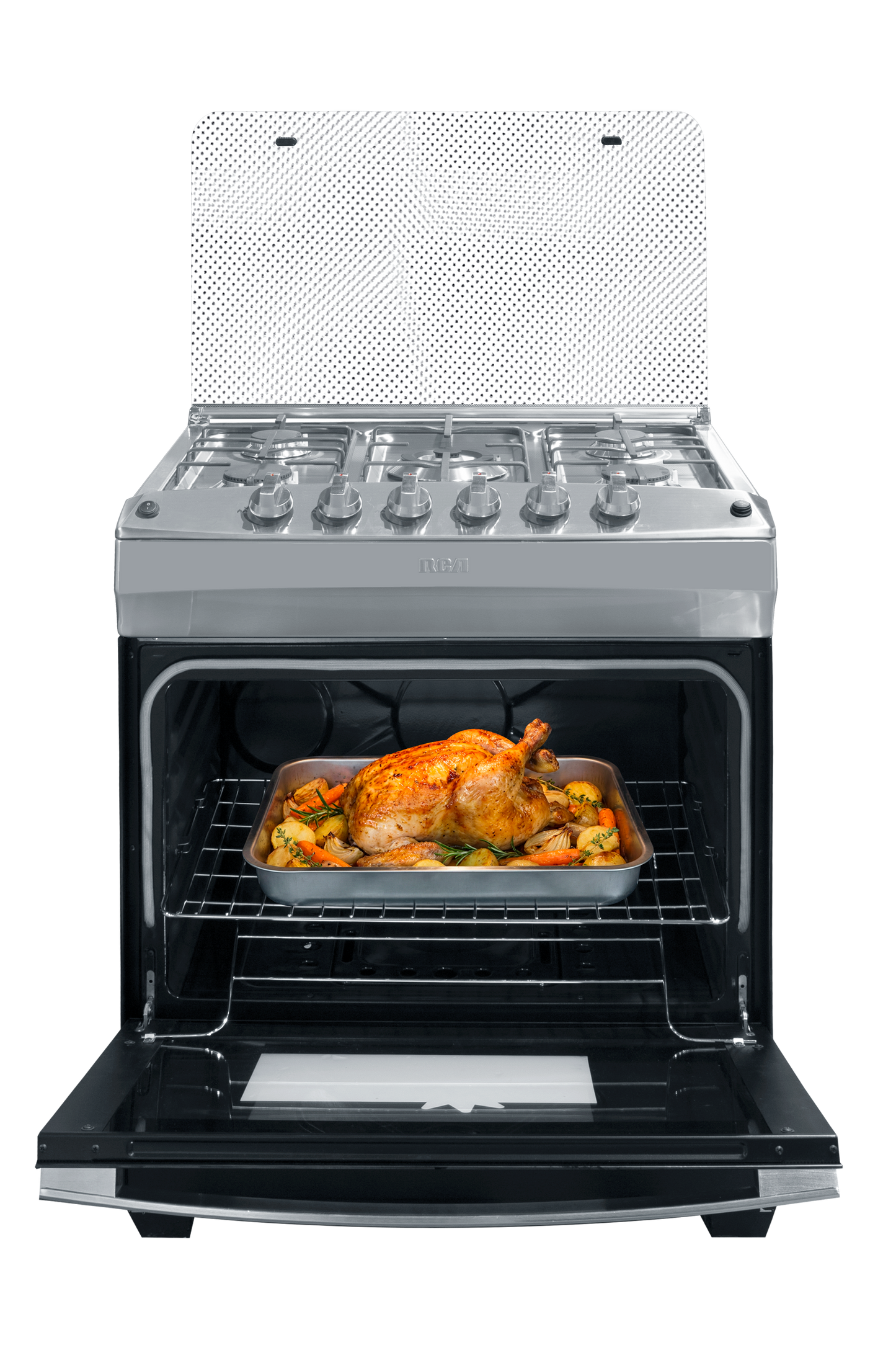 Horno de gas RCA con pollo asado y verduras, cocina moderna