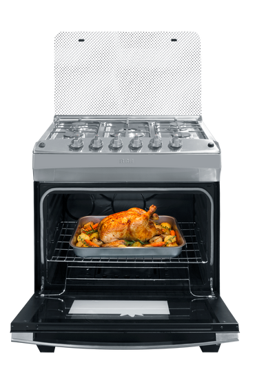 Horno de gas RCA con pollo asado y verduras, cocina moderna