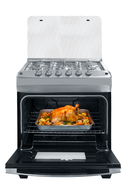 Horno de gas RCA con pollo asado y verduras, cocina moderna