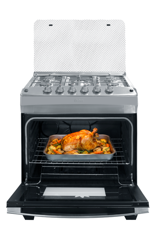 Horno de gas RCA con pollo asado y verduras, cocina moderna