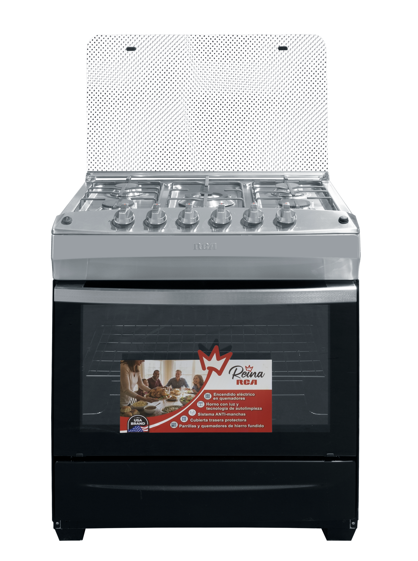 Cocina a gas negra con horno y quemadores, ideal para preparar alimentos