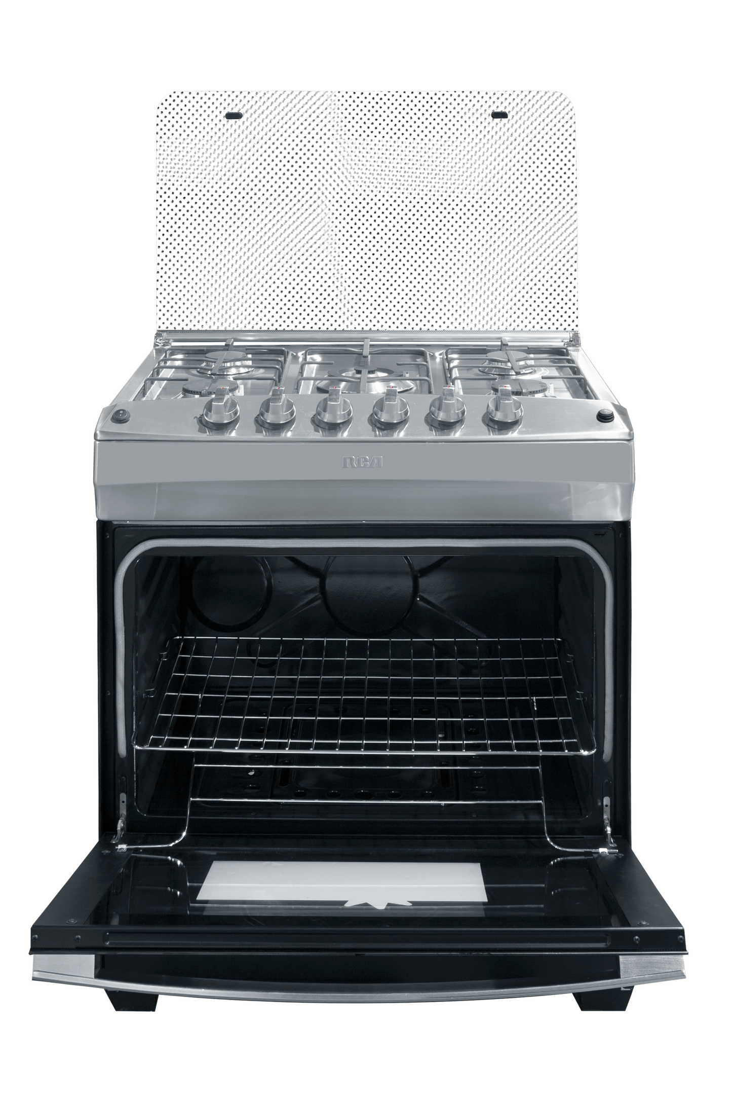 Estufa a gas RCA plateada, vista frontal, ideal para cocina moderna