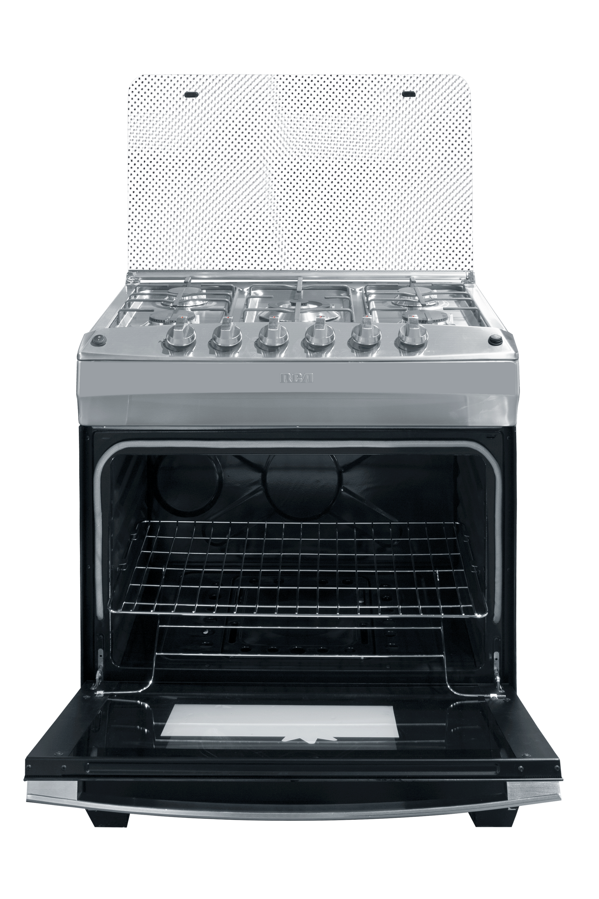 Estufa a gas RCA plateada, vista frontal, ideal para cocina moderna