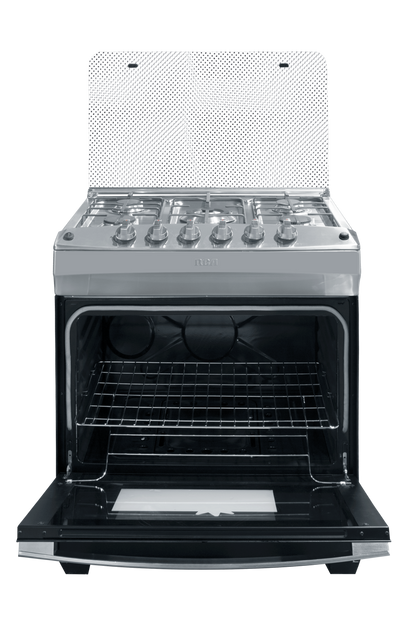 Estufa a gas RCA plateada, vista frontal, ideal para cocina moderna