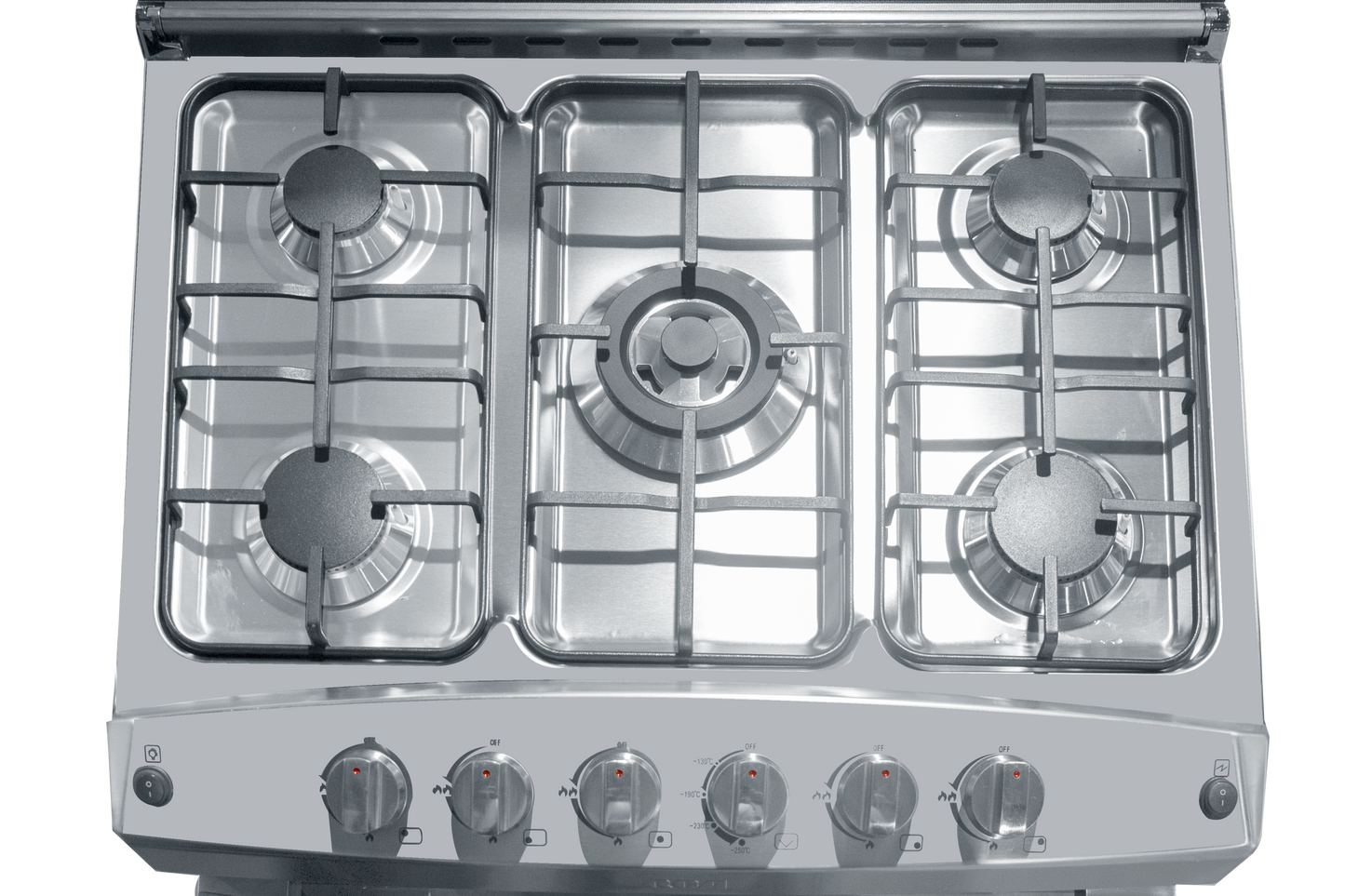 Estufa de gas RCA con cinco quemadores y diseño en acero inoxidable