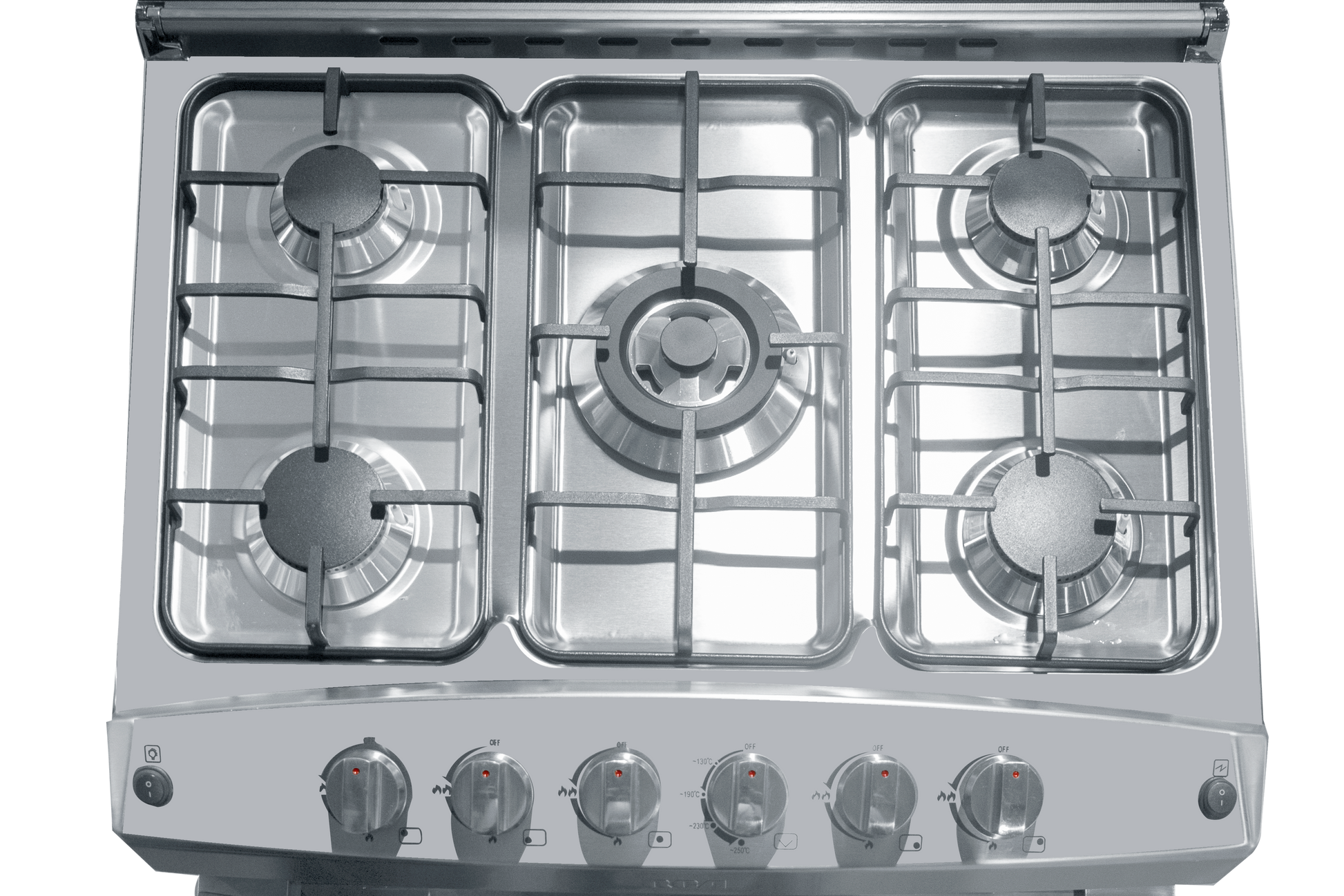 Estufa de gas RCA con cinco quemadores y diseño en acero inoxidable