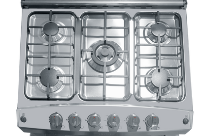 Estufa de gas RCA con cinco quemadores y diseño en acero inoxidable