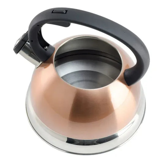 tetera cobre y acero inoxidable vista superior, cocina moderna