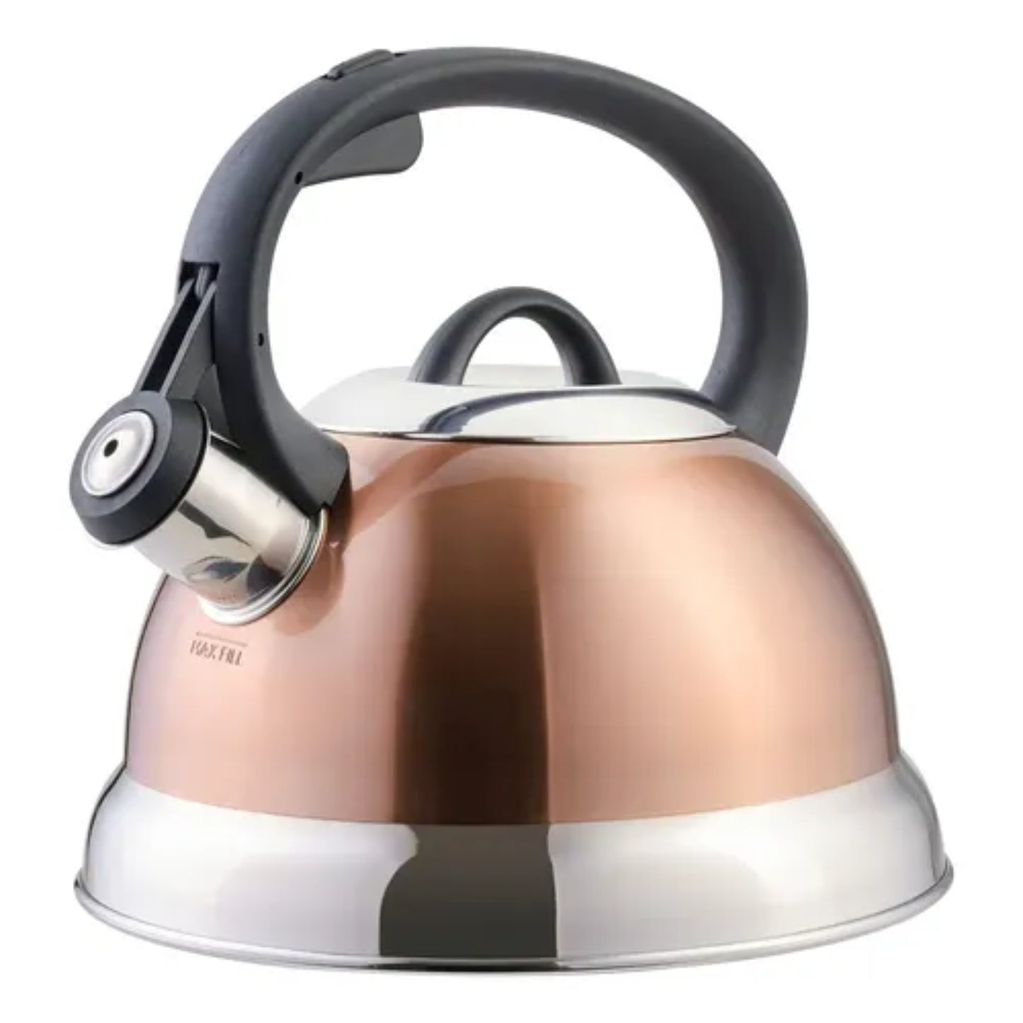 tetera de acero inoxidable con acabado en cobre, diseño moderno y elegante