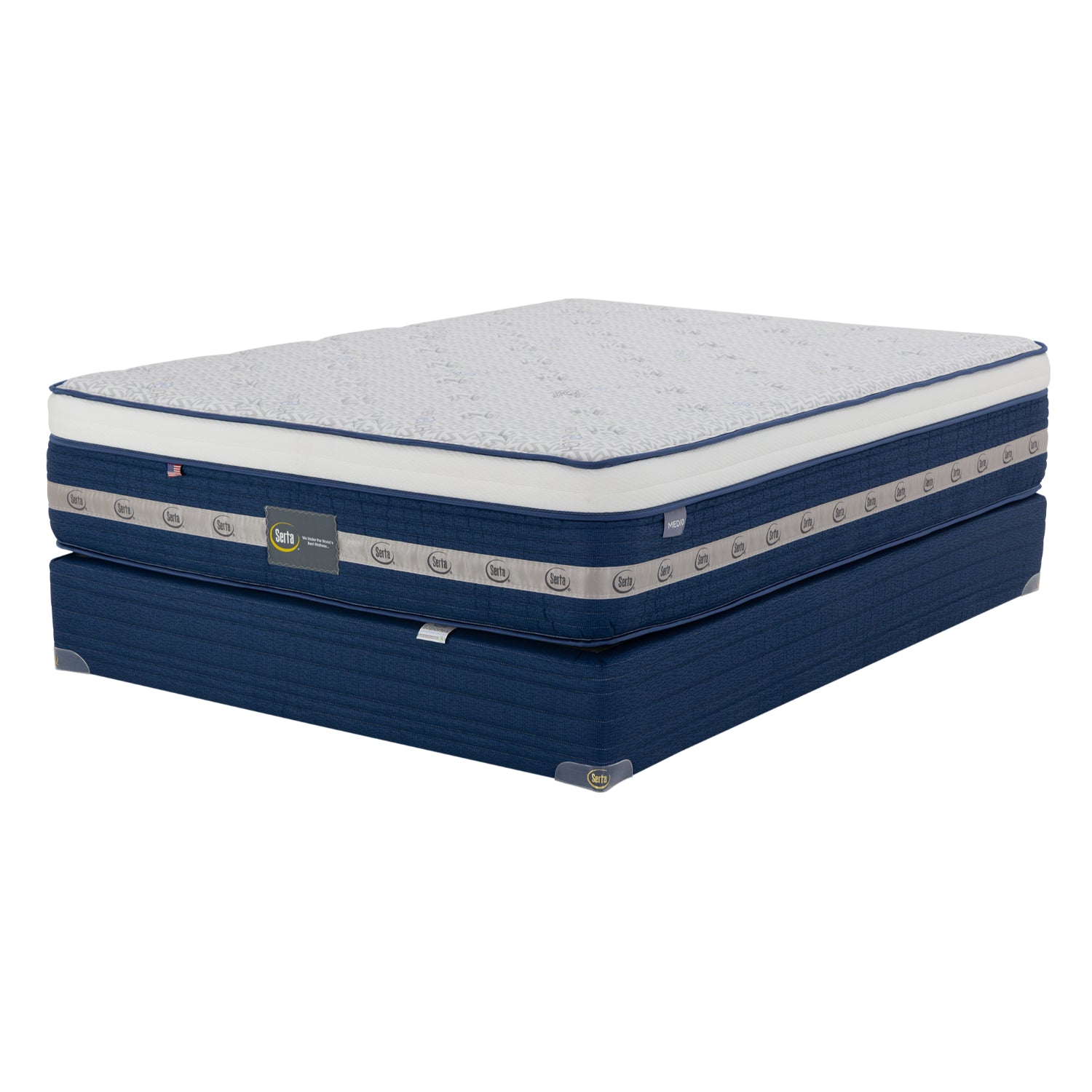 Colchón SERTA king size azul claro, vista lateral en dormitorio moderno