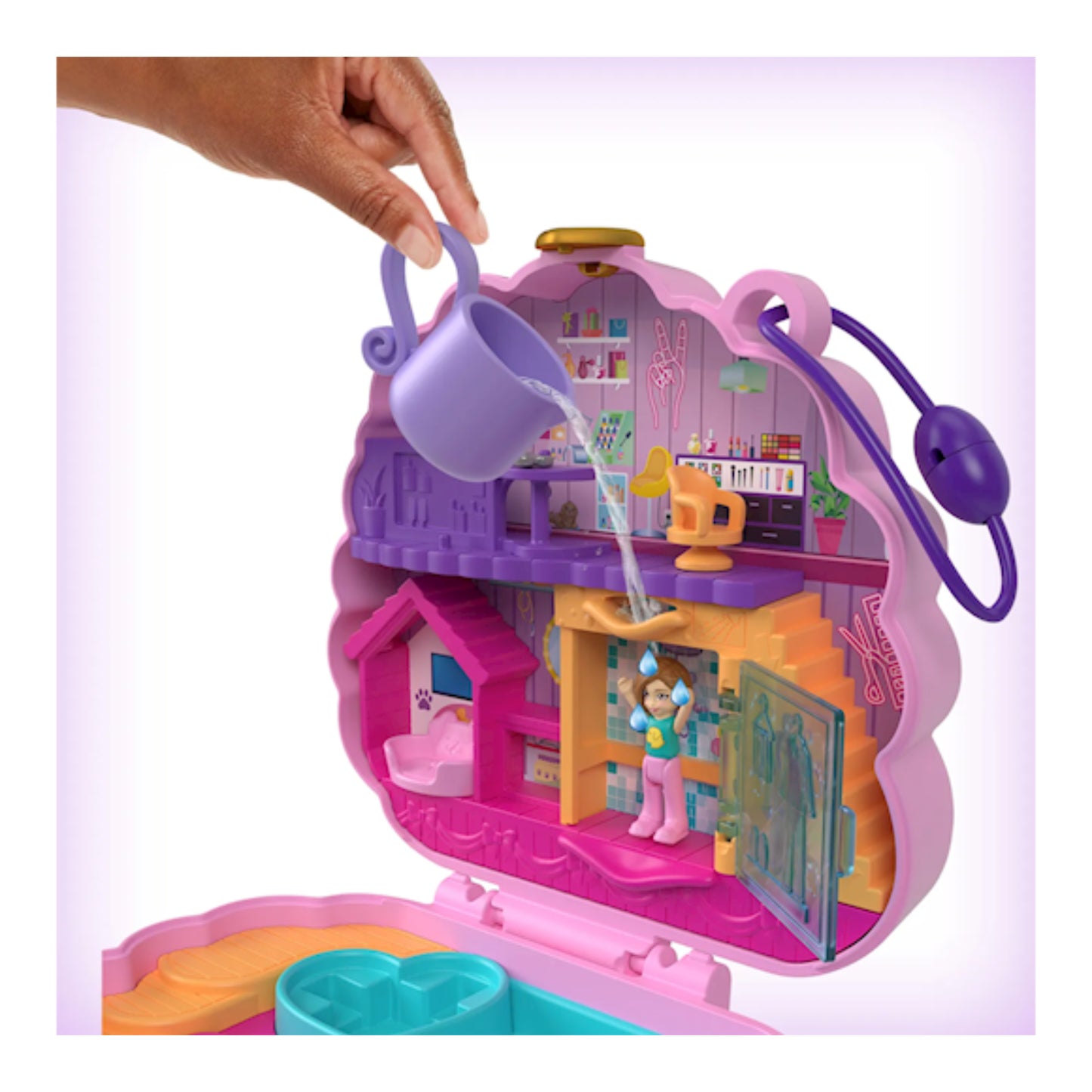 juego de mesa MATTEL, color rosa, vista interior con figuras y accesorios