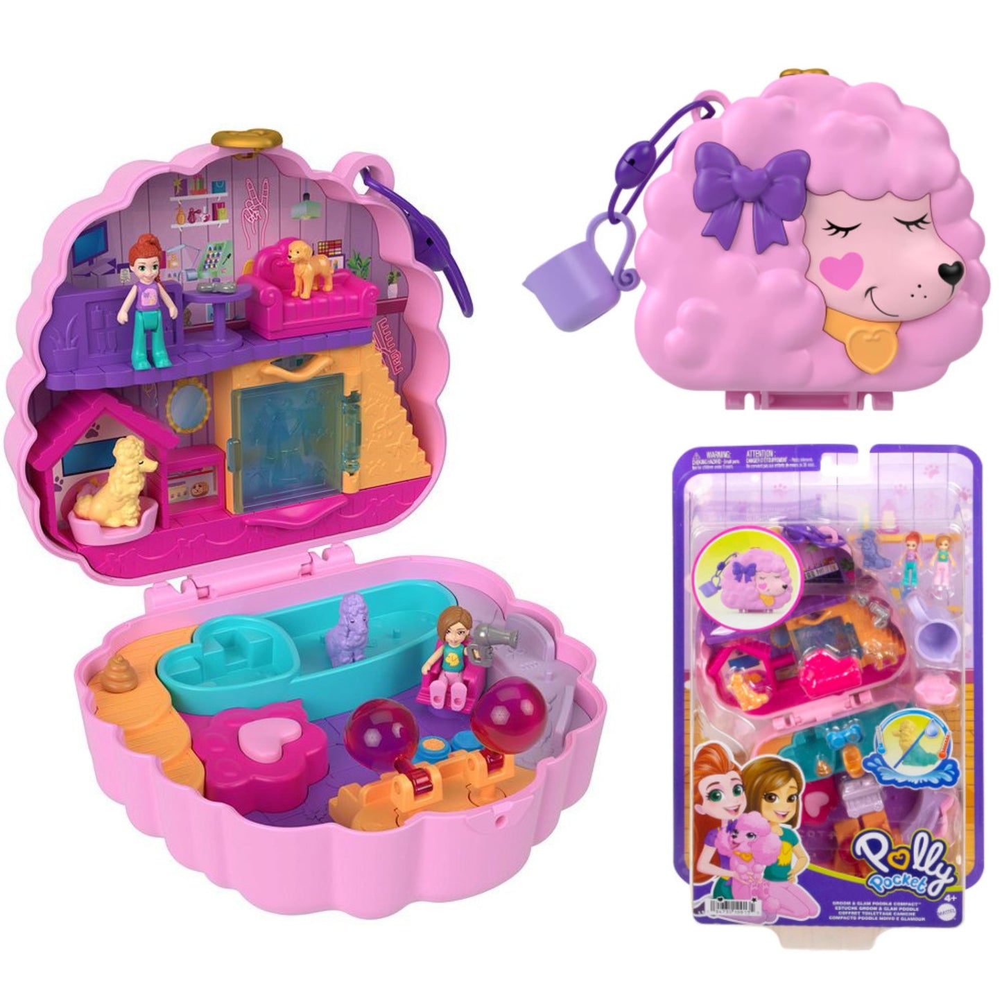 set juego de mesa Polly Pocket rosa con muñecas y accesorios, vista interior y exterior