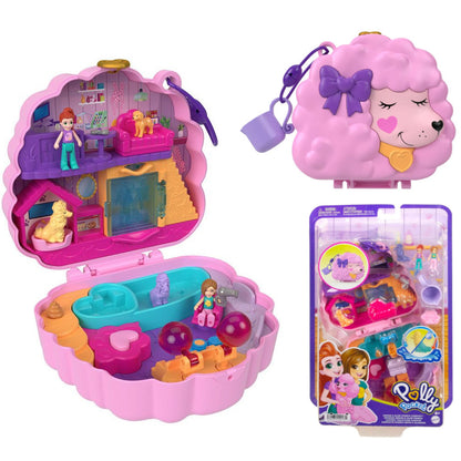 set juego de mesa Polly Pocket rosa con muñecas y accesorios, vista interior y exterior