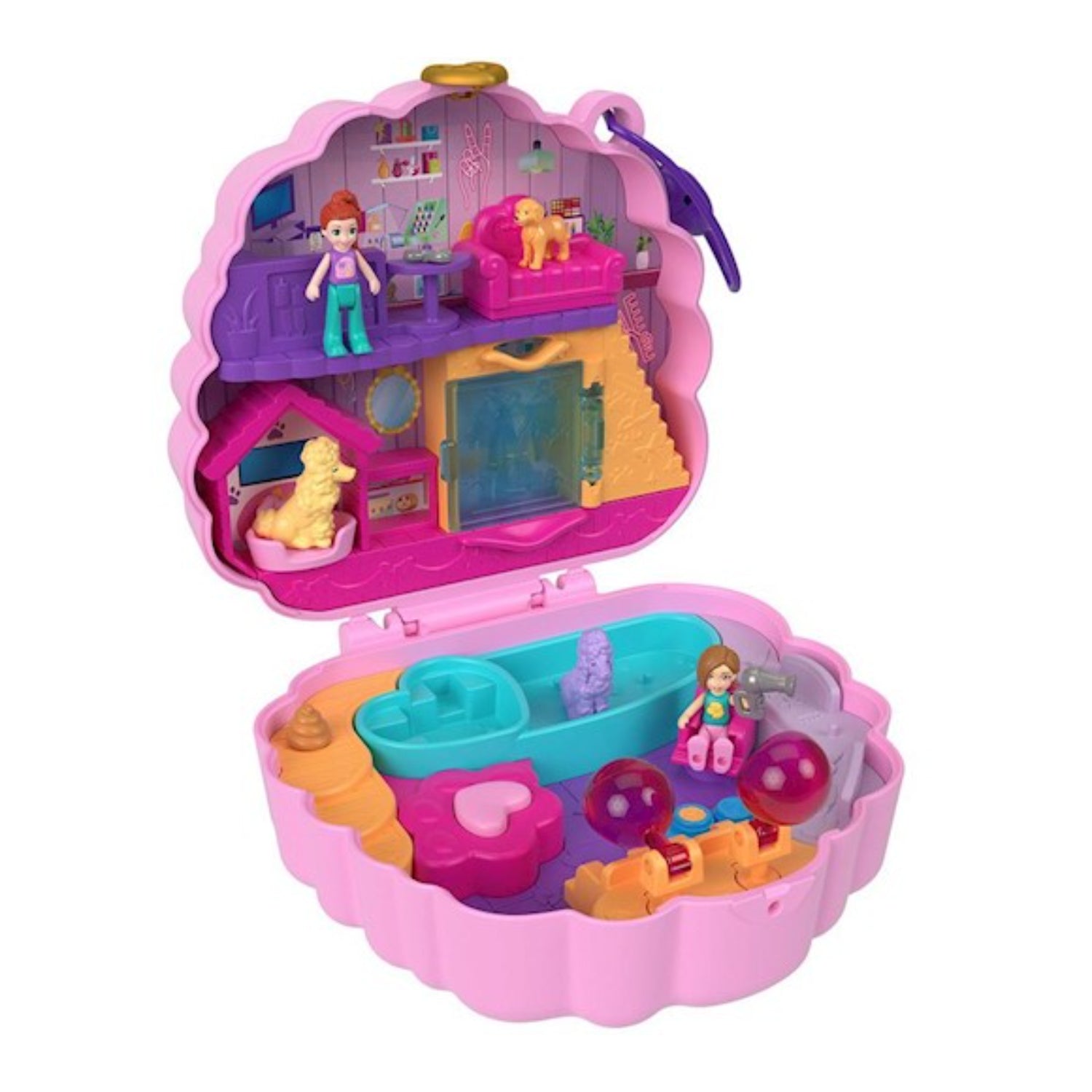 set juego de mesa rosa abierto, interior con figuras y accesorios divertidos