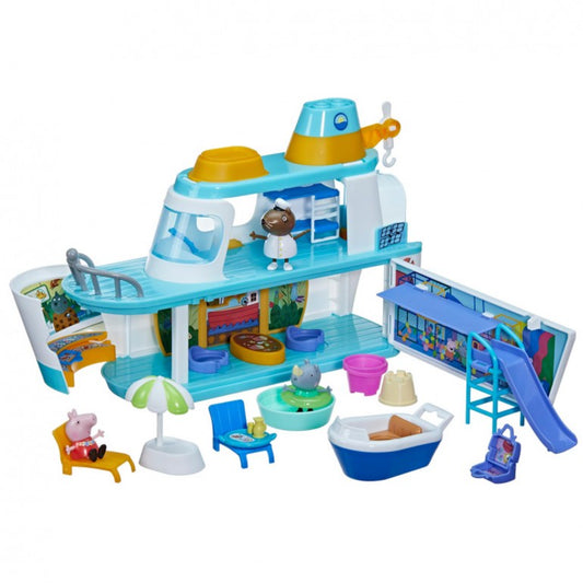 Set juego de mesa Peppa Pig barco, vista frontal con juguetes y accesorios coloridos