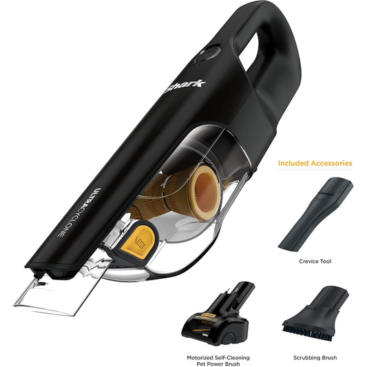 Aspiradora sin cable Shark negra, vista lateral con accesorios incluidos