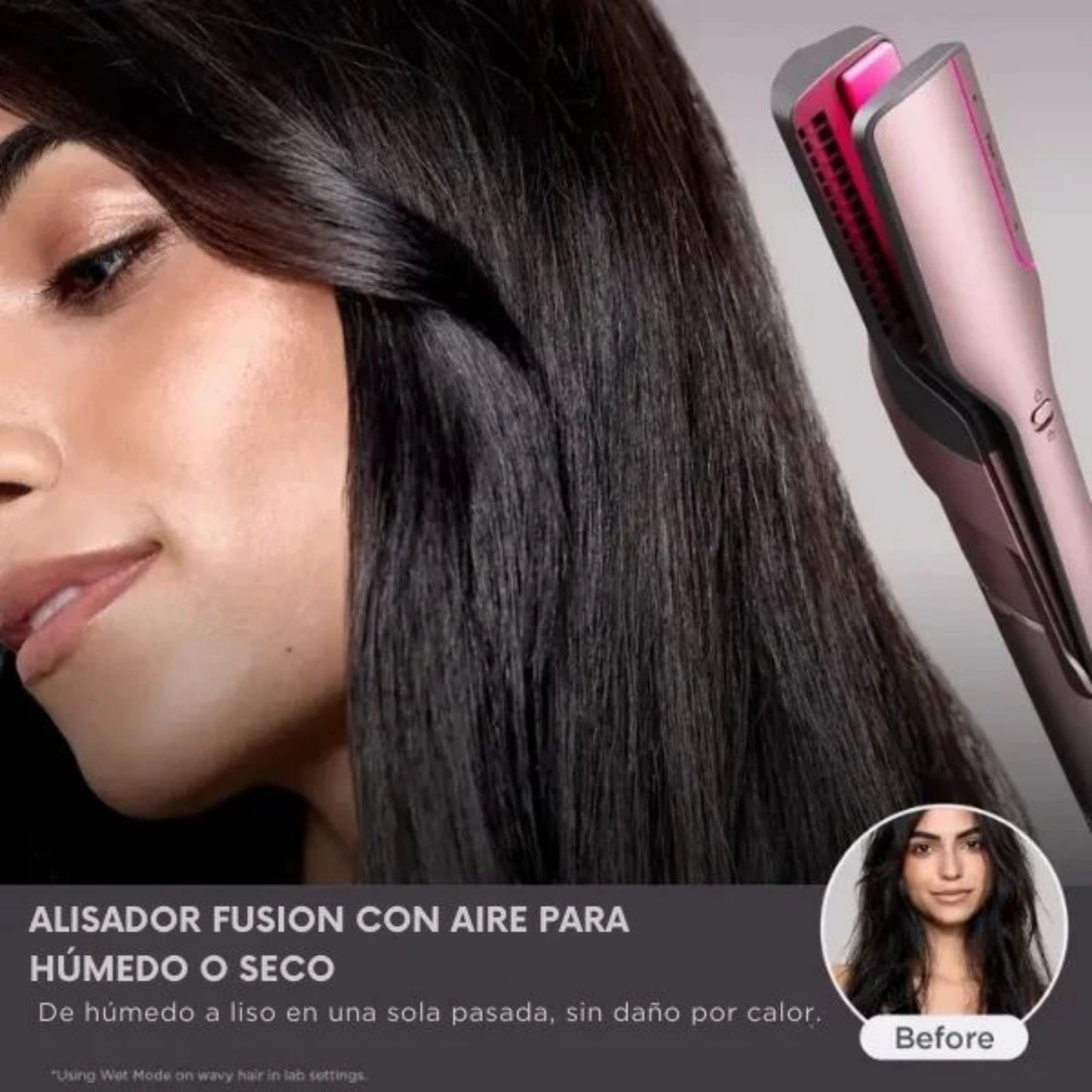 Multiestilizador Shark FlexFusion HD641S en acción alisando el cabello húmedo o seco con resultados brillantes