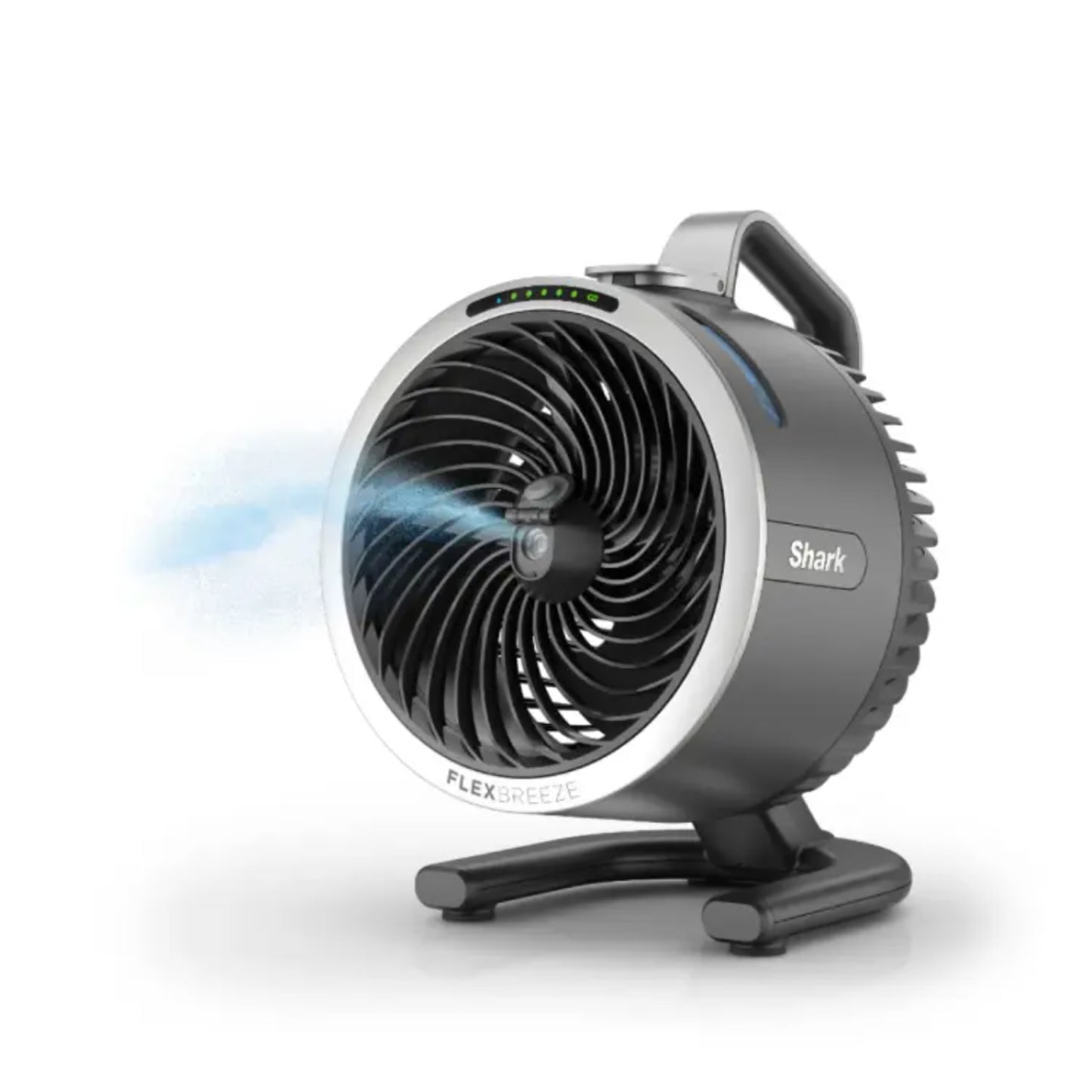 Ventilador Shark FlexBreeze gris, vista lateral, ideal para refrescar espacios pequeños