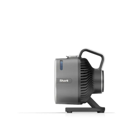 Ventilador Shark gris, vista lateral, diseño compacto y moderno
