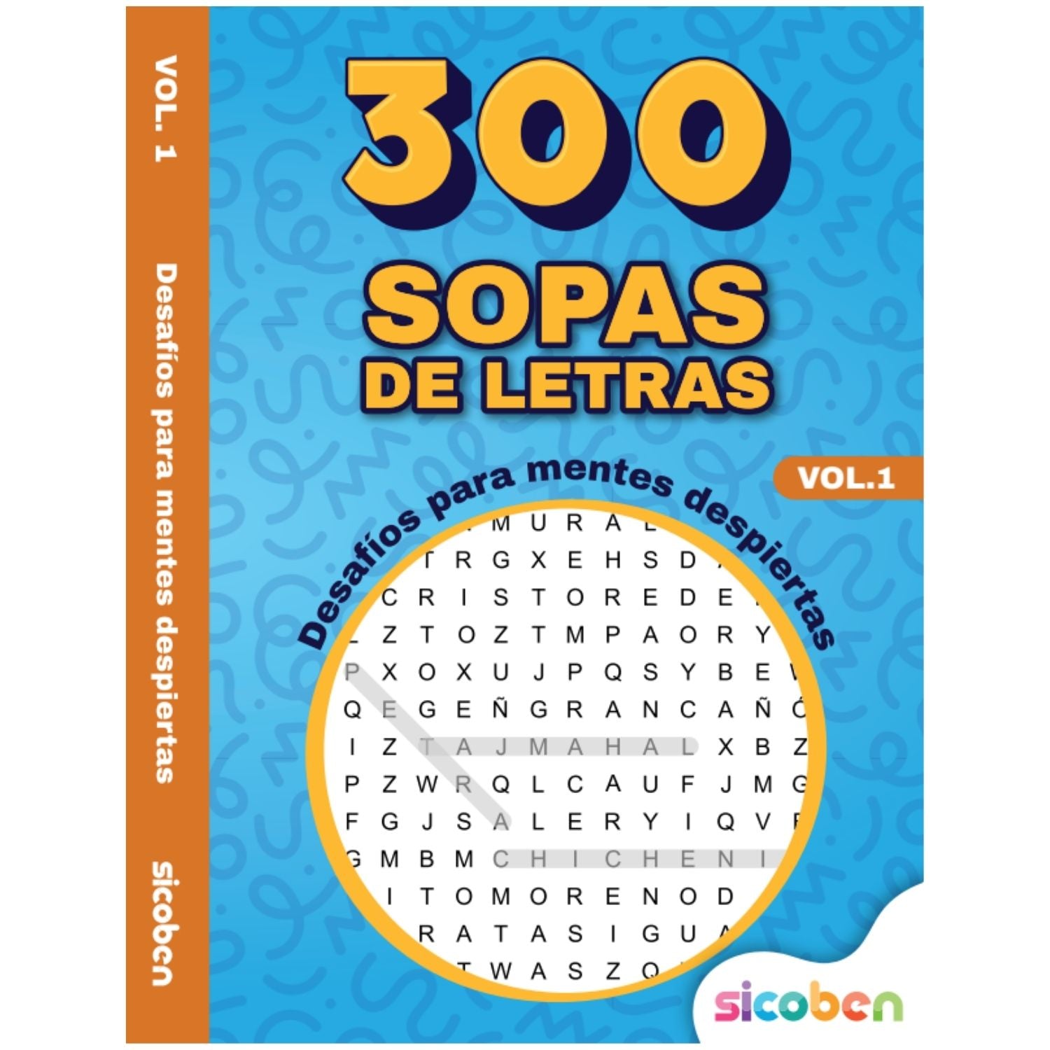 Libro de 300 sopas de letras, color azul, vista frontal, juegos mentales.