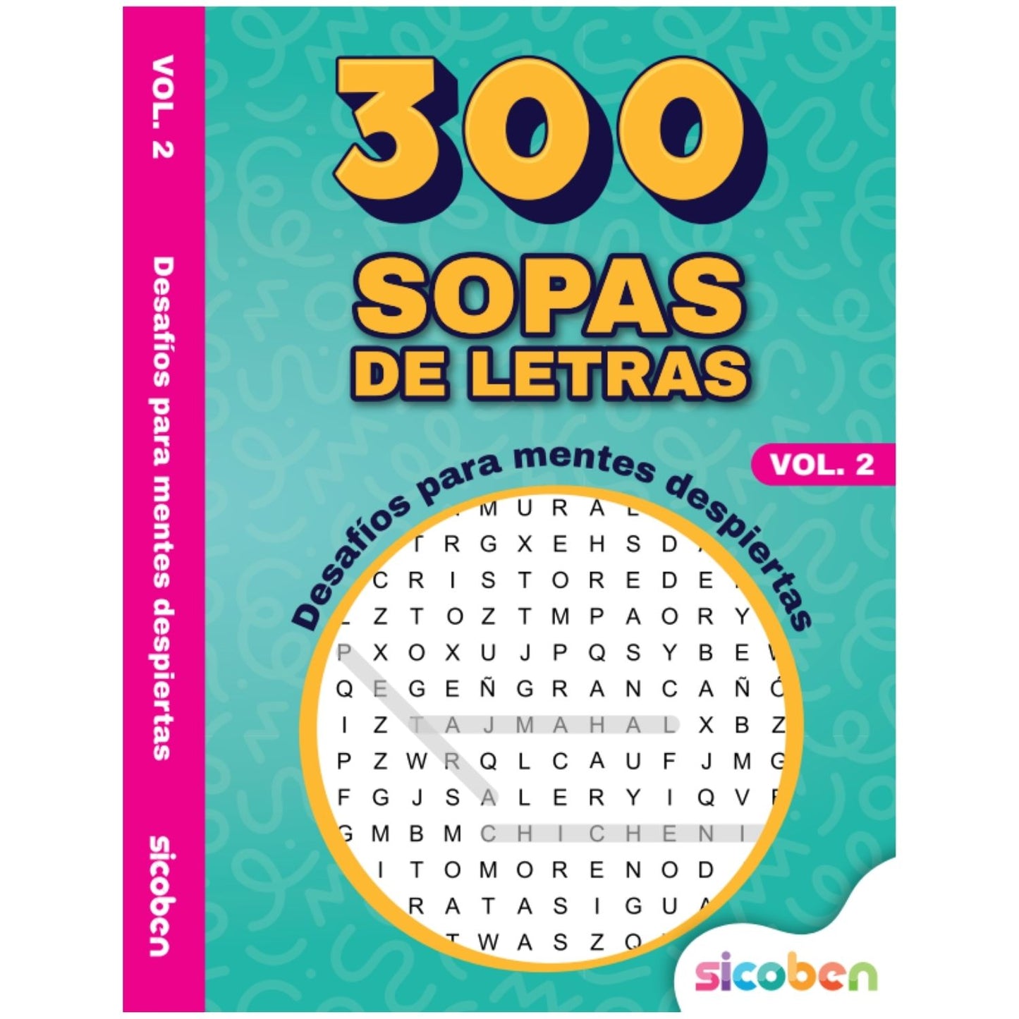 Libro de 300 sopas de letras, portada color verde, desafíos para mentes despiertas