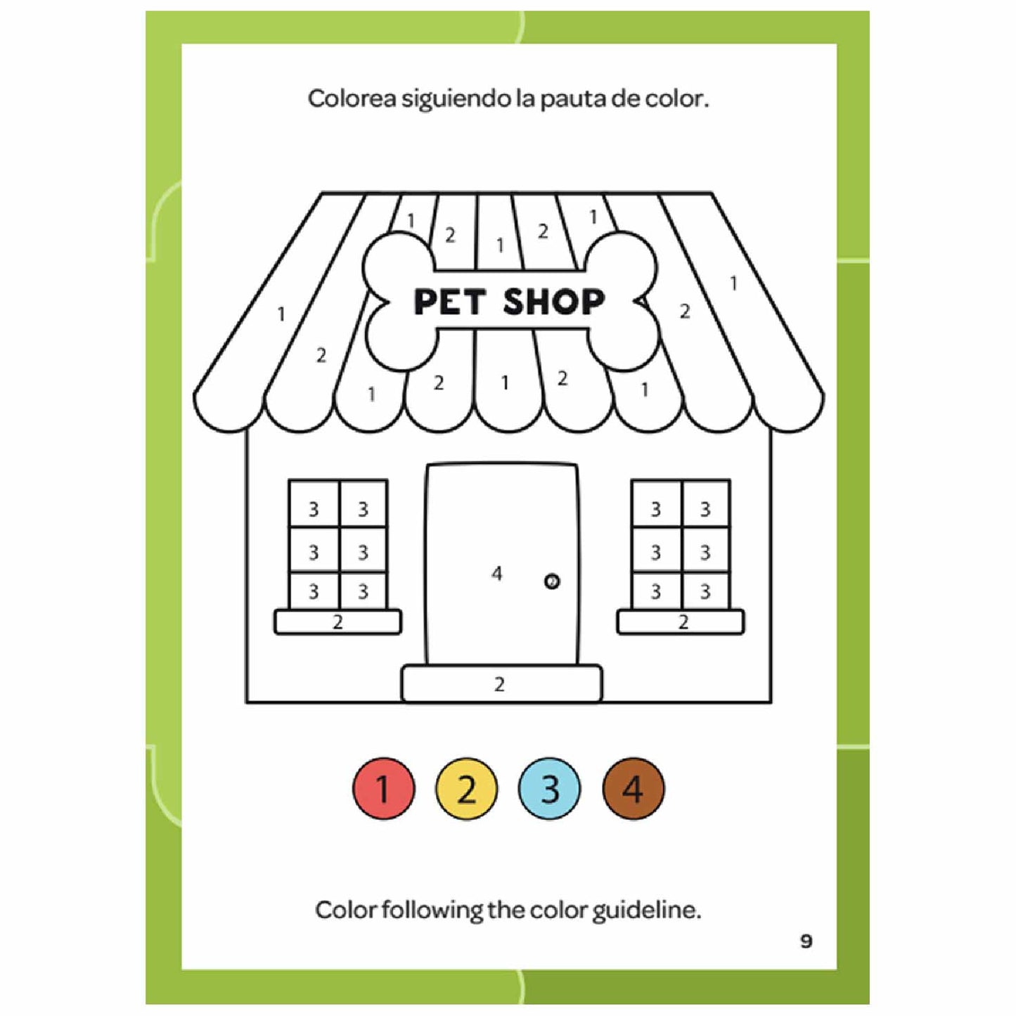 Dibujo para colorear de una tienda de mascotas con pauta de color y ventanas