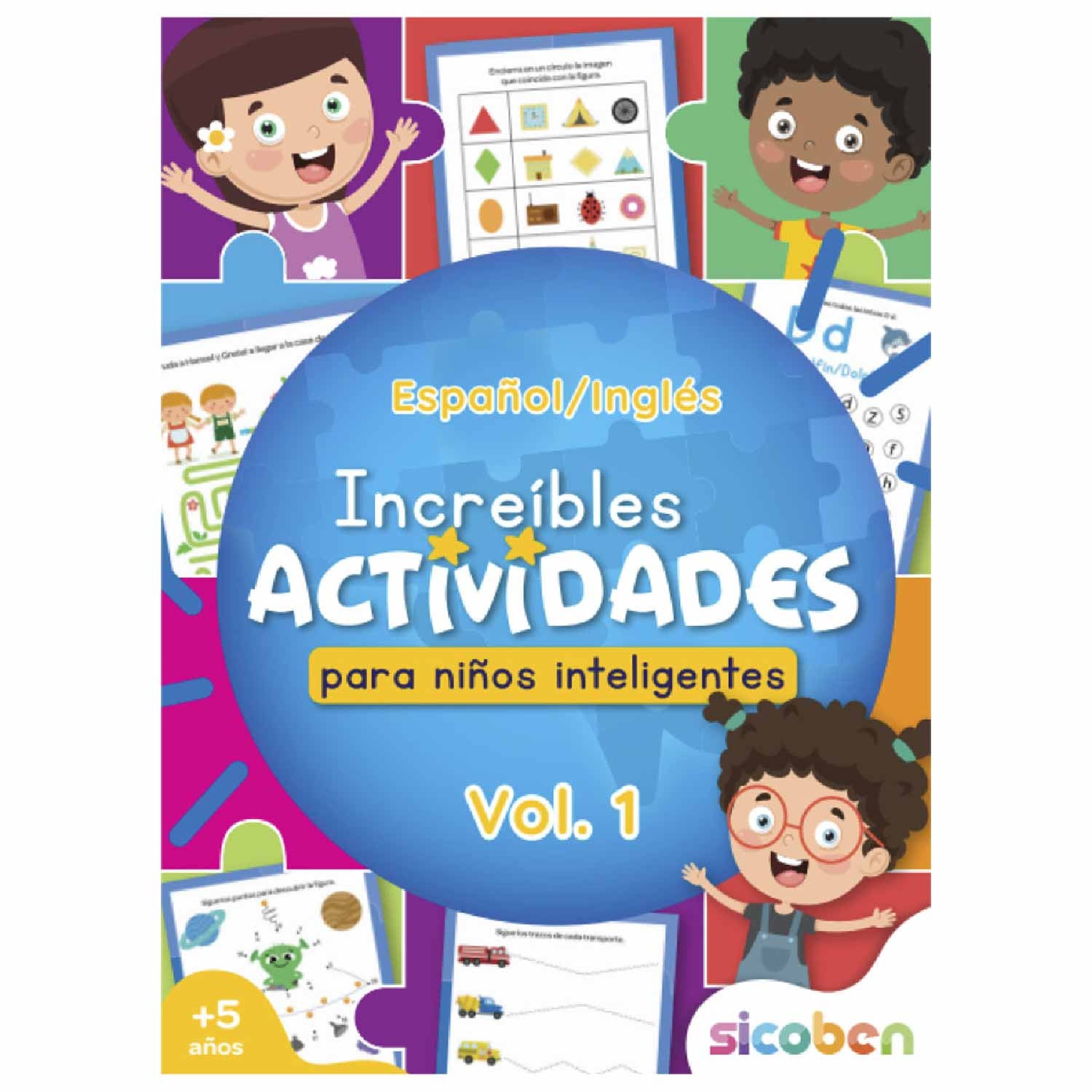 Libro de actividades bilingüe para niños, colorido, portada con ilustraciones divertidas