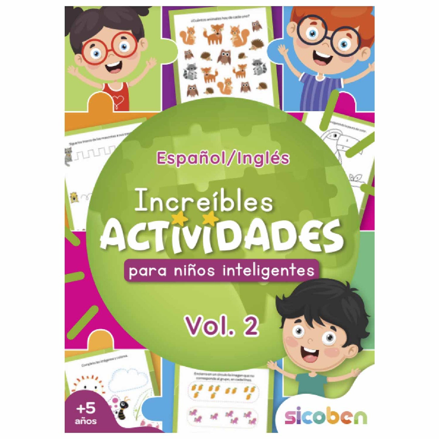 Libro de actividades bilingüe para niños, portada colorida, divertido y educativo