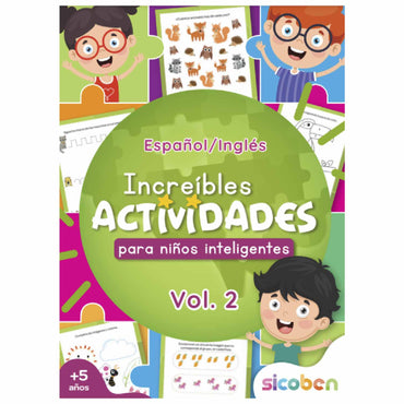 Libro de actividades bilingüe para niños, portada colorida, divertido y educativo