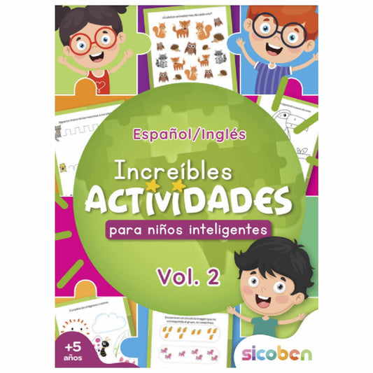 Libro de actividades bilingüe para niños, portada colorida, divertido y educativo
