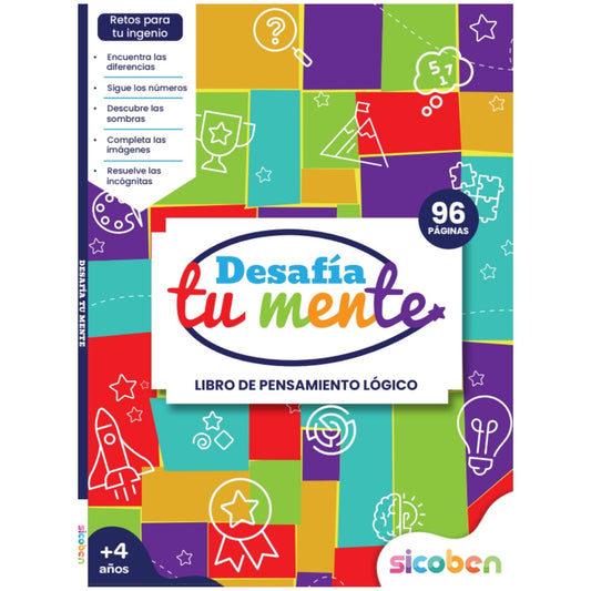Portada del libro de actividades Desafía tu mente, educativo y colorido, 96 páginas