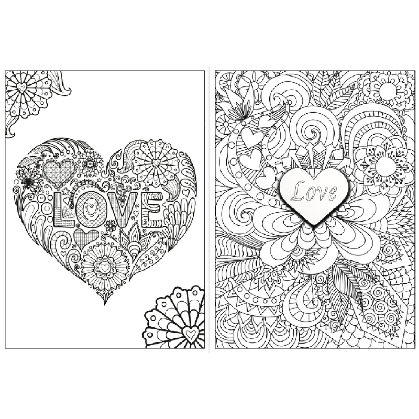 Libro para colorear con diseños de amor en blanco y negro, ideal para relajación