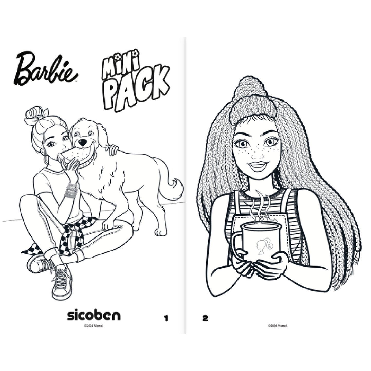 Libro para colorear de Barbie con dibujos de perra y chica sosteniendo taza