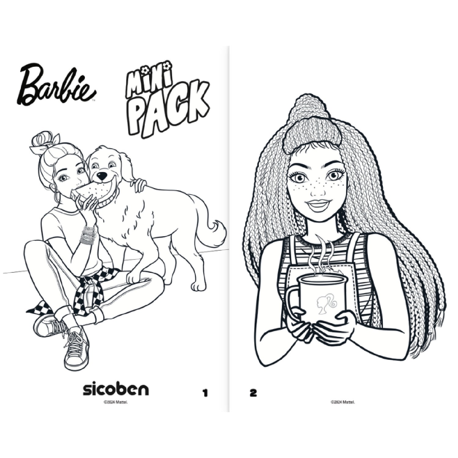 Libro para colorear de Barbie con dibujos de perra y chica sosteniendo taza