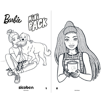 Libro para colorear de Barbie con dibujos de perra y chica sosteniendo taza